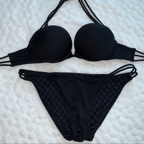 2 Pc Bikini Set Bombshell Halter Adds 2 Cups Black 32B  Small - Picture 8 of 10